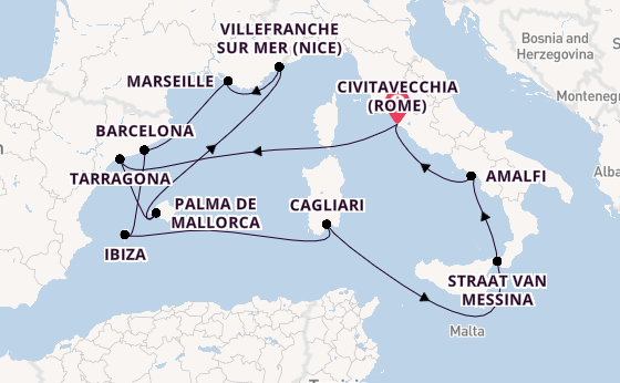 Westelijke Middellandse Zee vanaf Civitavecchia (Rome), Italië met de Queen Victoria