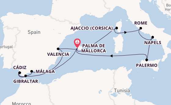 Westelijke Middellandse Zee vanaf Palma de Mallorca, Mallorca, Spanje met de Mein Schiff 4