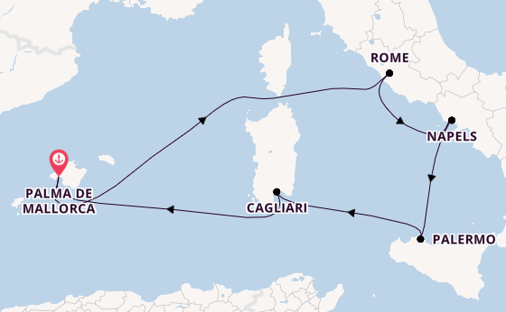 Westelijke Middellandse Zee vanaf Palma de Mallorca, Mallorca, Spanje met de Mein Schiff Flow