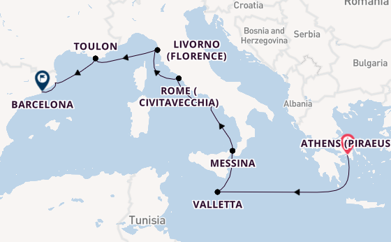 Western Mediterranean from Athens (Piraeus), Greece with the Aurelia