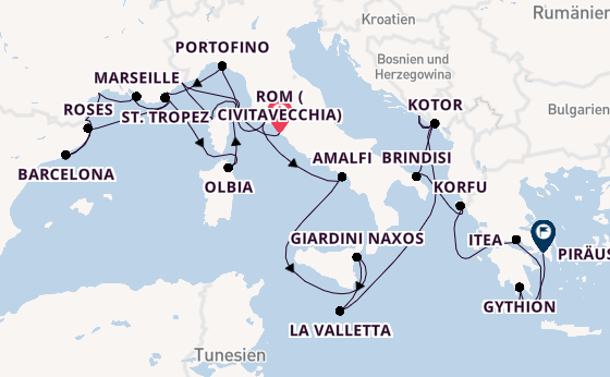 Mittelmeer ab Civitavecchia (Rom), Italien auf der Seabourn Ovation
