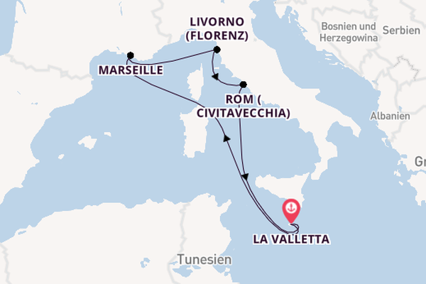 Westliches Mittelmeer ab La Valletta, Malta auf der Azura
