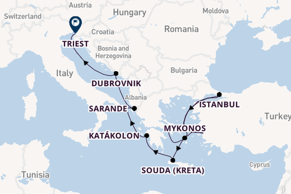 Oostelijke Middellandse Zee vanaf Athene (Piraeus), Griekenland met de Oosterdam