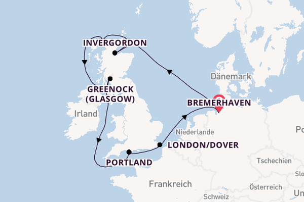 Vereinigtes Königreich ab Bremerhaven, Deutschland auf der Mein Schiff 2