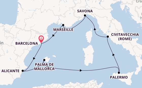 Westelijke Middellandse Zee vanaf Barcelona, Spanje met de Costa Toscana
