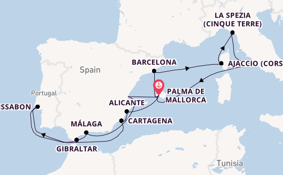 Westelijke Middellandse Zee vanaf Palma de Mallorca, Mallorca, Spanje met AIDAsol