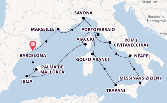 Westliches Mittelmeer ab Barcelona, Spanien auf der Costa Favolosa