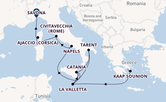Westelijke Middellandse Zee vanaf Athene (Piraeus), Griekenland met de Costa Serena