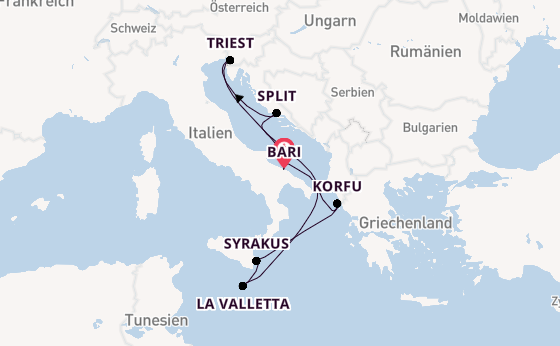 Mittelmeer ab Bari, Italien auf der Costa Deliziosa