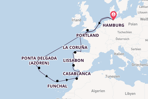 Portugal ab Hamburg, Deutschland auf AIDAmar