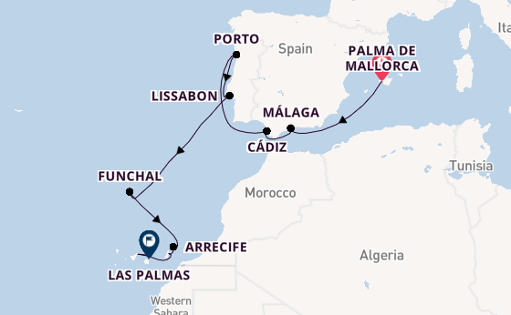 Canarische Eilanden vanaf Palma de Mallorca, Mallorca, Spanje met AIDAsol