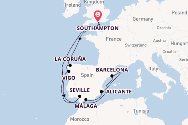 Western Mediterranean from Southampton, England with the Arvia