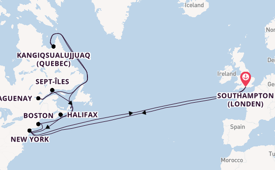 trans-Atlantisch vanaf Southampton (Londen), Engeland met de Queen Mary 2