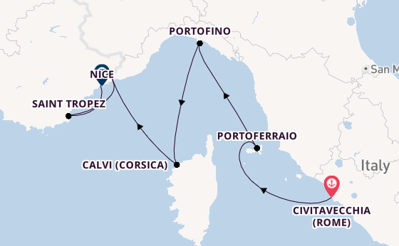 Westelijke Middellandse Zee vanaf Civitavecchia (Rome), Italië met de Star Clipper