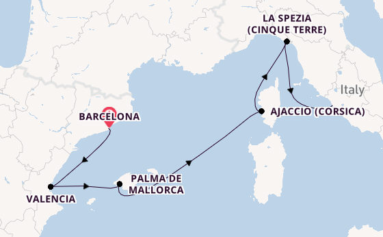 Westelijke Middellandse Zee vanaf Barcelona, Spanje met de Queen Elizabeth