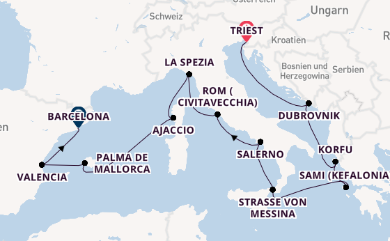 Westliches Mittelmeer ab Triest, Italien auf der Queen Elizabeth