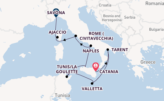 Western Mediterranean from Catania, Italy with the Costa Fascinosa