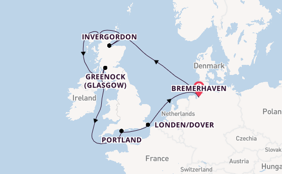 Verenigd Koninkrijk vanaf Bremerhaven, Duitsland met de Mein Schiff 2 