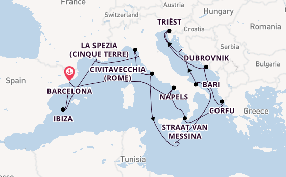 Westelijke Middellandse Zee vanaf Barcelona, Spanje met de Queen Elizabeth