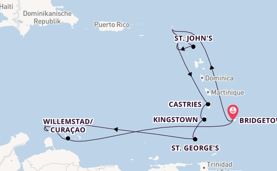 Südliche Karibik ab Bridgetown, Barbados auf der Britannia