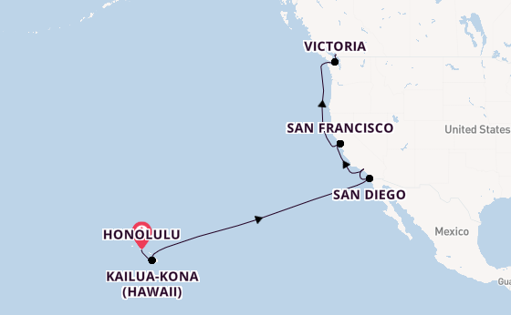 USA West Coast from Honolulu, Hawaii, USA with the Royal Princess