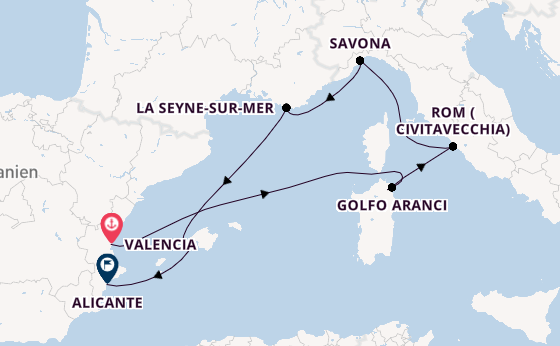 Westliches Mittelmeer ab Valencia, Spanien auf der Costa Pacifica