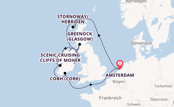 Britische Inseln ab Amsterdam, Niederlande auf der Zuiderdam