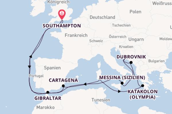 Einmalige Kreuzfahrt über Messina (Sizilien) nach Southampton