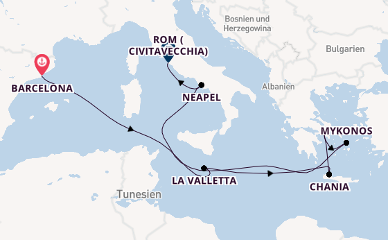 Mittelmeer ab Barcelona, Spanien auf der Disney Wish