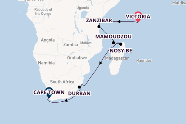 Africa from Victoria, Seychelles with the Azamara Onward