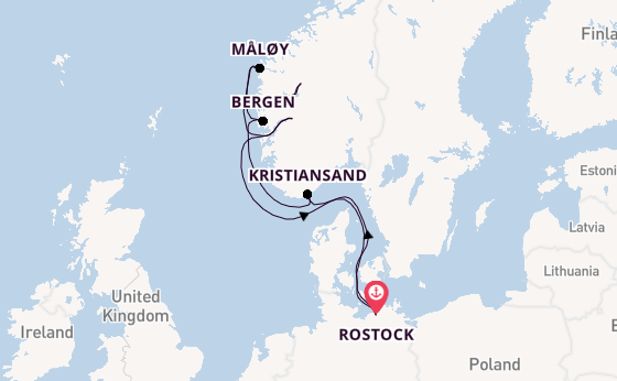 Noorwegen vanaf Rostock, Warnemünde, Duitsland met AIDAmar
