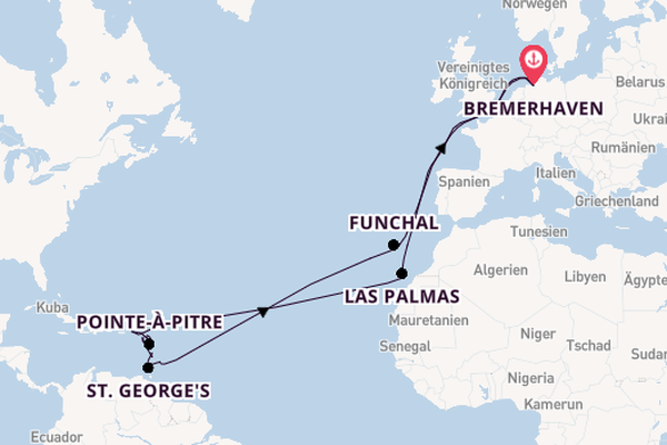 Karibik ab Bremerhaven, Deutschland auf der Mein Schiff 2