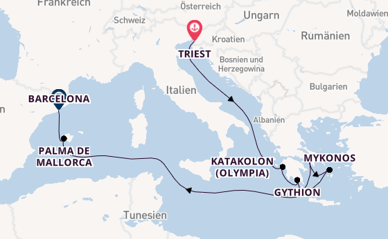 Mittelmeer ab Triest, Italien auf der Seven Seas Prestige