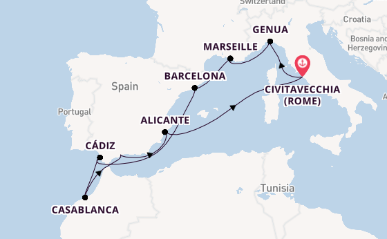 Westelijke Middellandse Zee vanaf Civitavecchia (Rome), Italië met de MSC Magnifica