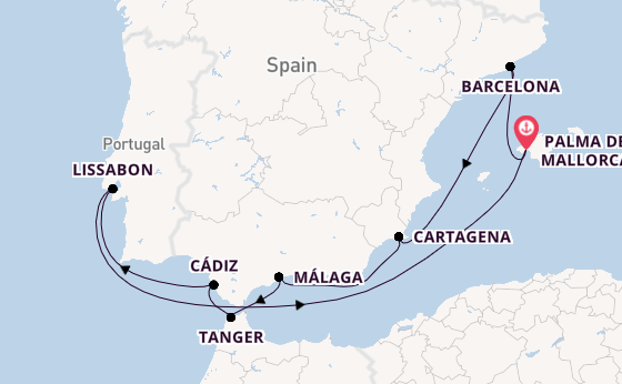Westelijke Middellandse Zee vanaf Palma de Mallorca, Mallorca, Spanje met de Mein Schiff Flow