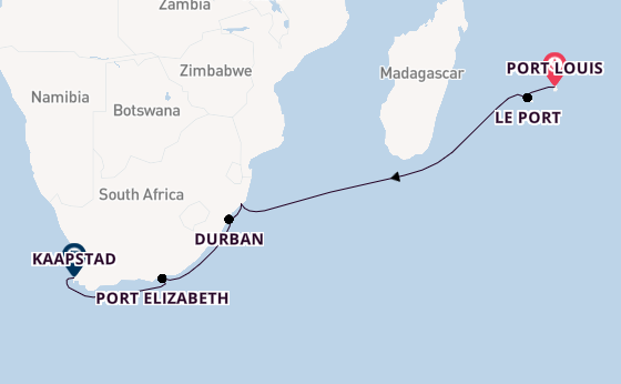 Zuid-Afrika vanaf Port Louis, Mauritius met de Mein Schiff 5