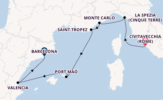 Westelijke Middellandse Zee vanaf Civitavecchia (Rome), Italië met de EXPLORA I