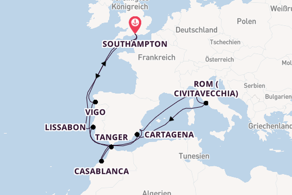 Westliches Mittelmeer ab Southampton, Großbritannien auf der Arcadia