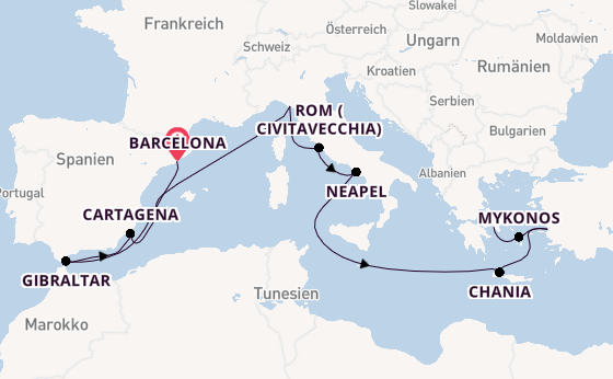 Mittelmeer ab Barcelona, Spanien auf der Sun Princess