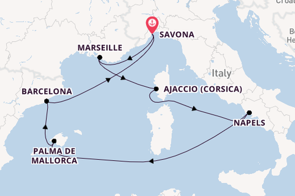 Westelijke Middellandse Zee vanaf Savona, Italië met de Costa Fascinosa