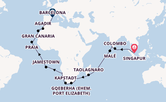 Afrika ab Singapur, Singapur auf der Azamara Onward