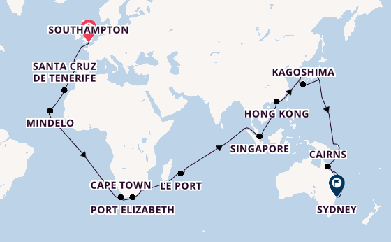 East Asia from Southampton, England with the Queen Elizabeth