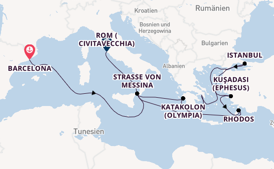 Mittelmeer ab Barcelona, Spanien auf der Queen Elizabeth
