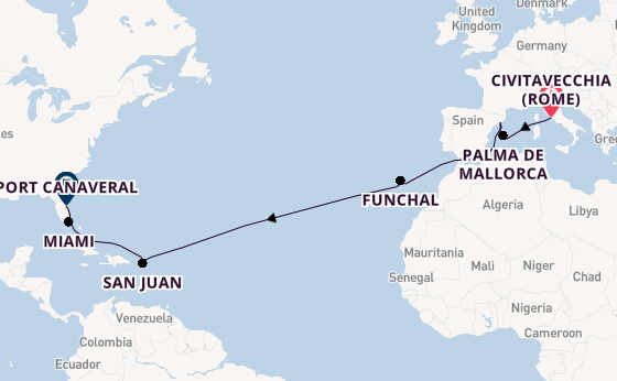 trans-Atlantisch vanaf Civitavecchia (Rome), Italië met de MSC Grandiosa