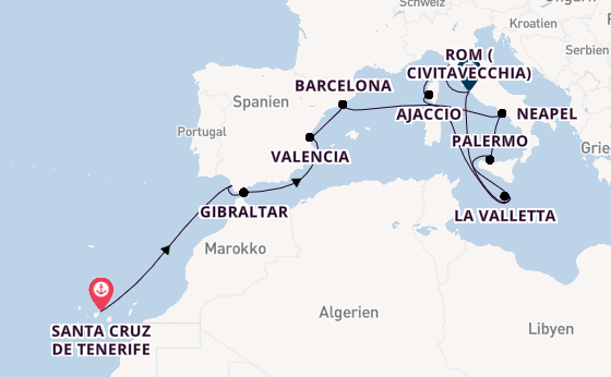Westliches Mittelmeer ab Santa Cruz de Tenerife, Spanien auf der Azura