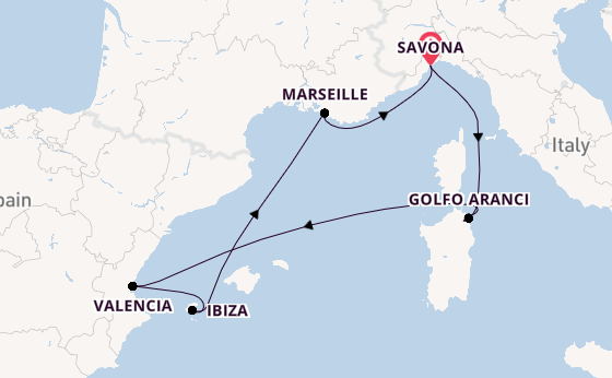 Westelijke Middellandse Zee vanaf Savona, Italië met de Costa Fascinosa