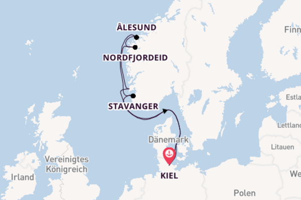 Einmalige Kreuzfahrt über Nordfjordeid nach Kiel