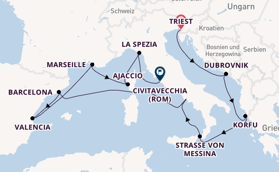 Westliches Mittelmeer ab Triest, Italien auf der Queen Elizabeth