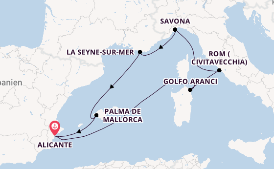 Westliches Mittelmeer ab Alicante, Spanien auf der Costa Pacifica