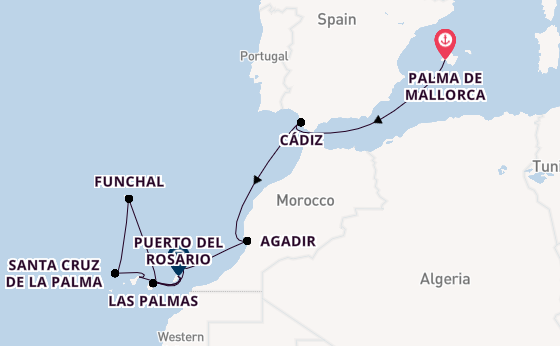 Canarische Eilanden vanaf Palma de Mallorca, Mallorca, Spanje met de Mein Schiff 7